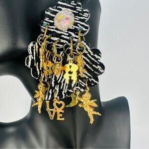 Vintage Zebra Print Statement Earrings with Gold Love Charms Romantic Cupid Glam